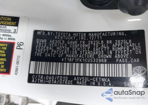 2012 Toyota Camry Le z USA, uszkodzony, nr VIN 4T1BF1FK1CU532968